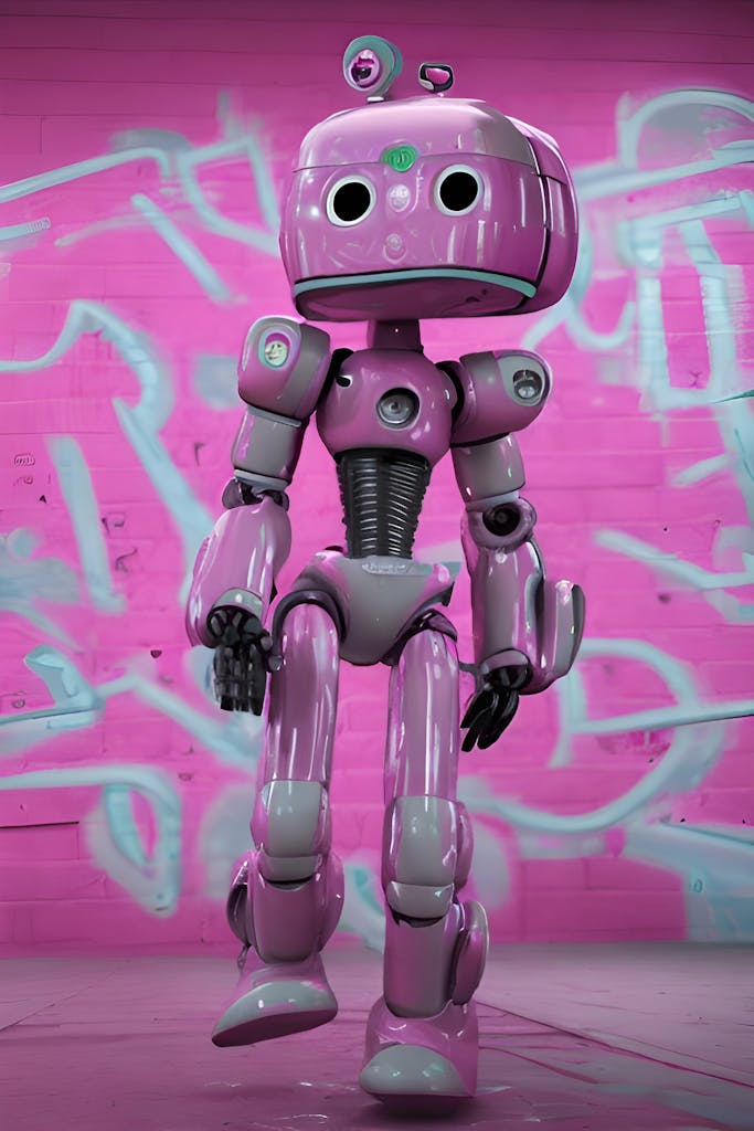 A cute pink humanoid robot walking past colorful graffiti indoors.